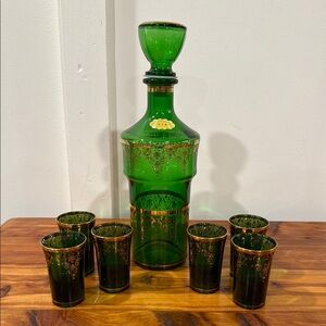 Vtg Cristallerie Artistiche Italy DFP Emerald Green & Gold Decanter w/ 6 Glasses